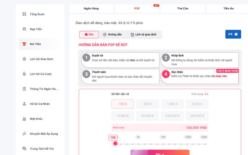 thao tác nạp rút tiền online